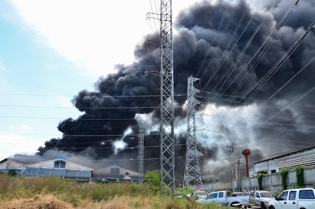 Factory fire accident in Thailand, black smoke filled the sky