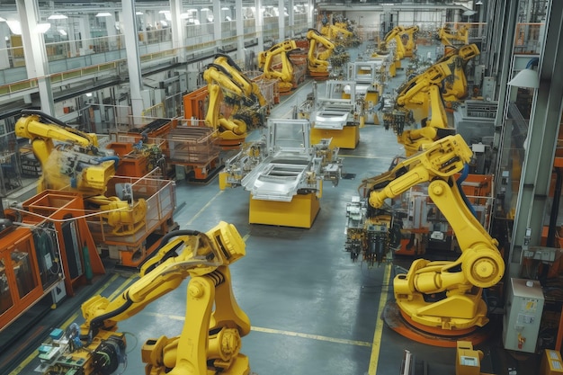 Factory floor filled with robotic assembly lines building complex machinery