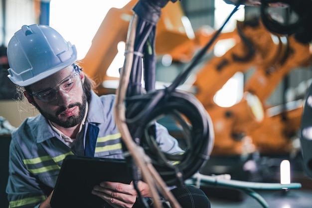 Factory man engineer inspecting cable electric on machine Worker works at heavy machine in factory