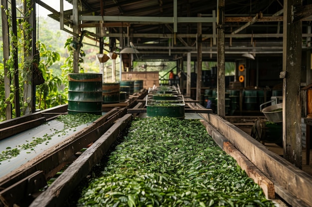 Factory processing harvested tea leaves in rural India