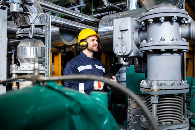 Factory serviceman or supervisor checking machines and generators in production room