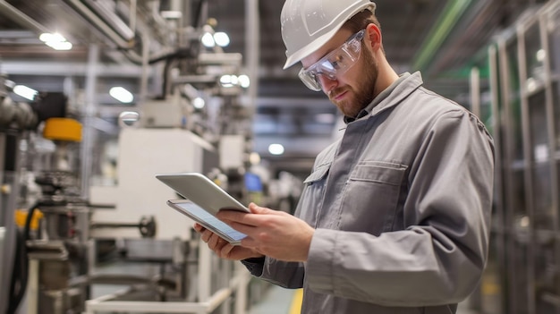 A factory technician in a gray uniform using a digital tablet to monitor the performance