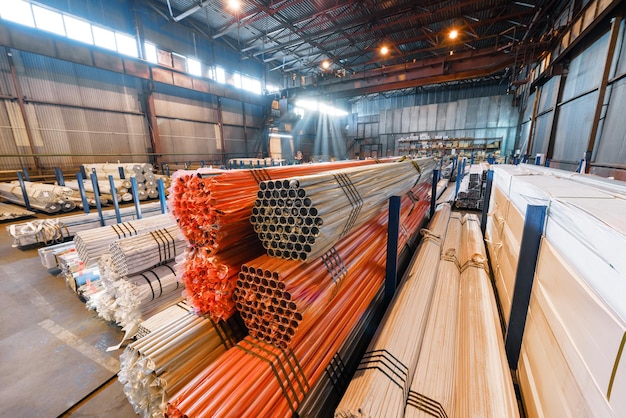 Factory warehouse metal rolled Bundles of steel pipes stacked