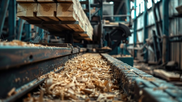 A factory with a conveyor belt filled with wooden planks Ideal for industrial and manufacturing concepts