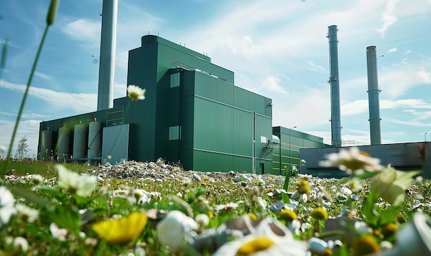 Photo a factory with a factory in the background and flowers in the foreground