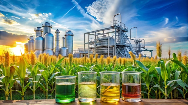 a factory with a field of wheat and a factory in the background