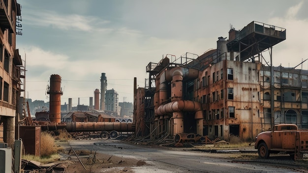 Photo a factory with a large building with a large number of rusted pipes in the background