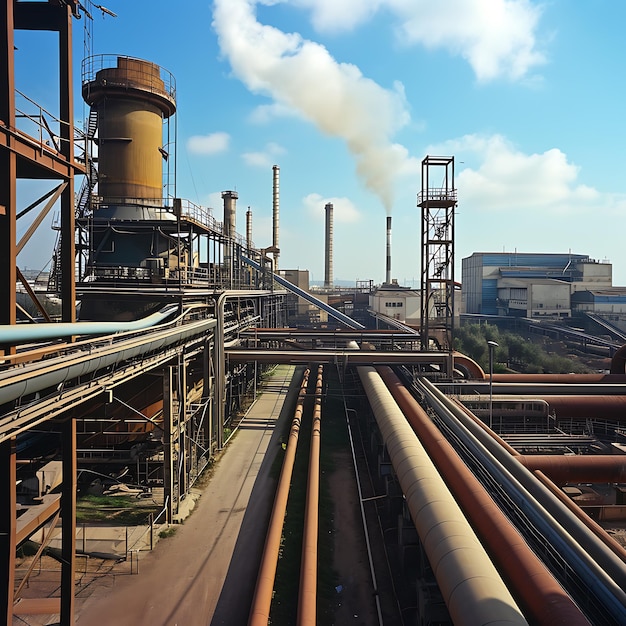 a factory with a large smoke stack and a blue sky with a few clouds