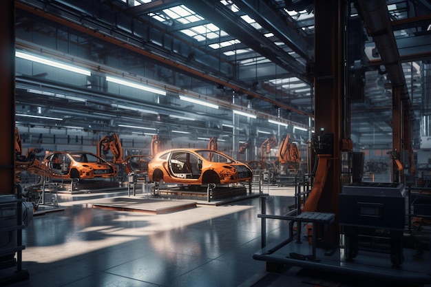 A factory with orange cars in the background