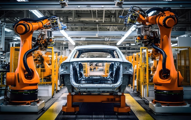 A factory with orange robots on the front and a white car with the word ford on the front.