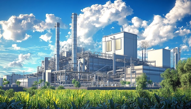 A factory with a power plant and green plant in the background