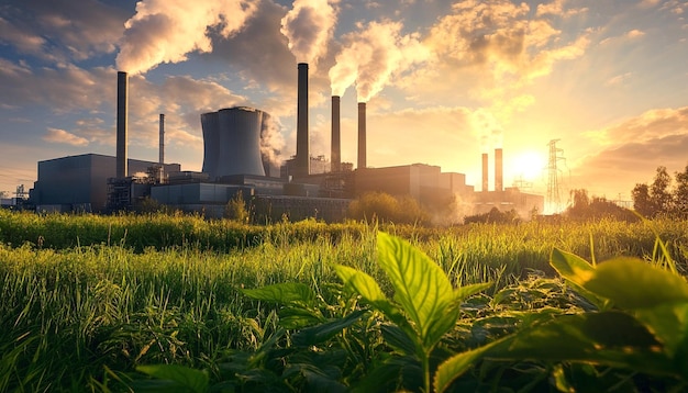 A factory with a power plant and green plant in the background