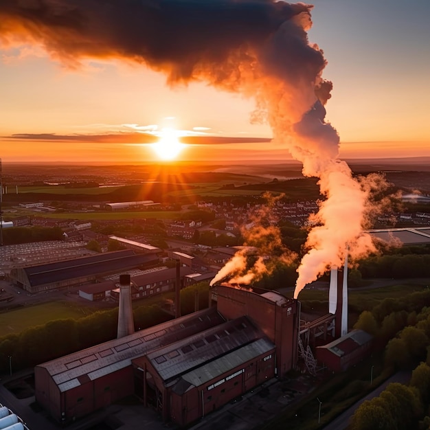 Factory with smoke coming out of the chimneys with sunset background