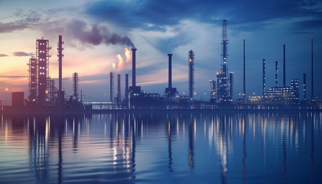 Photo a factory with smoke coming out of it and a blue sky with the sun setting behind it