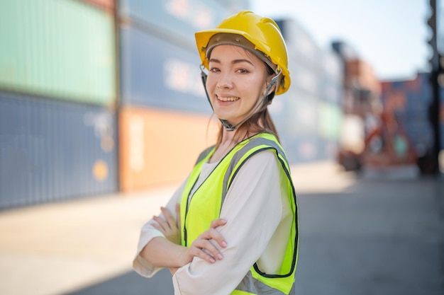 Factory woman worker is standing with confident with working suit green reflect for safety dress