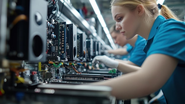 Photo factory worker assembling electronic devices