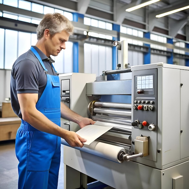 A factory worker carefully inspects a piece of paper as it passes through a high tech industrial laminator