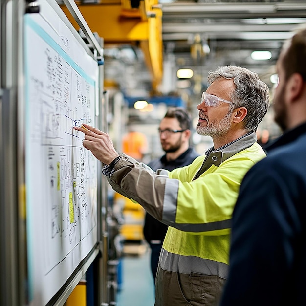 Photo factory worker explaining on a whiteboard