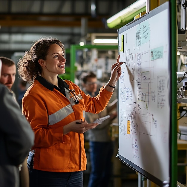 Photo factory worker explaining on a whiteboard