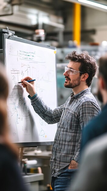 Photo factory worker explaining on a whiteboard