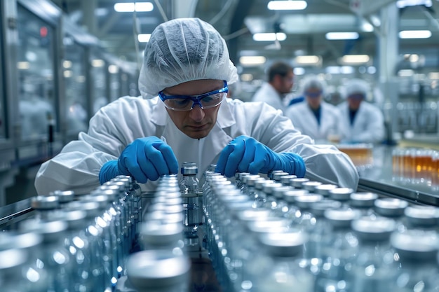 Factory Worker Inspecting Bottles on a Conveyor Belt