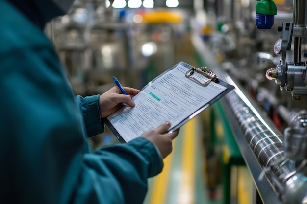 Photo factory worker inspecting products on assembly line quality check