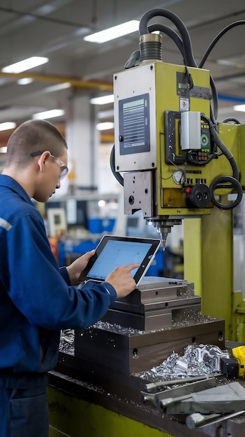 Photo factory worker is programming a cnc milling machine with a tablet computer