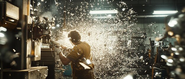 Photo factory worker operating a laser cutter