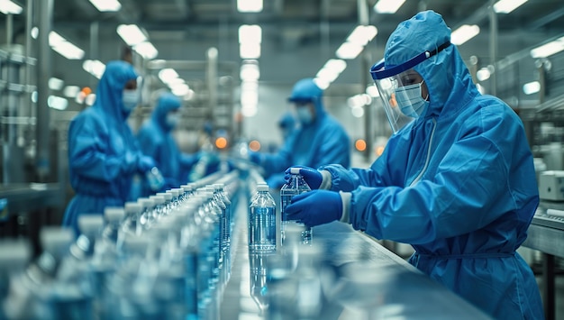 Factory Worker in Protective Gear Inspecting Bottles on a Conveyor Belt