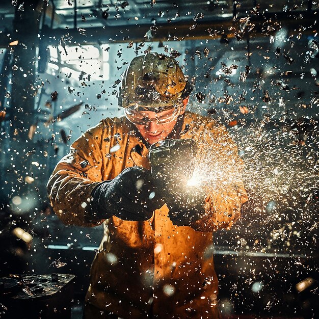 Photo factory worker using a power drill