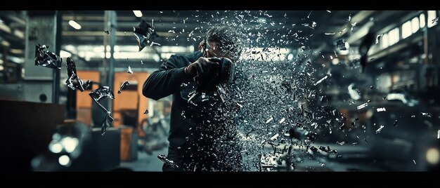 Photo factory worker using a power drill