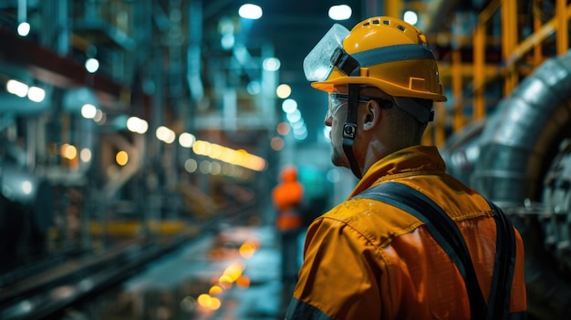 Factory worker wearing safety gear and helmet focusing on industrial environment and workplace safety