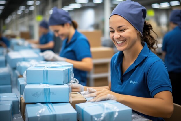 Factory workers collecting parcels smiling and happy