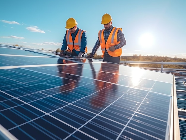 Factory workers lifting new solar panel from production