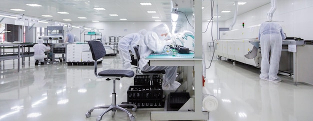 Factory workers in white lab suits and face masks sitting on the chairs producing tv sets with some modern equipment under bright lamps