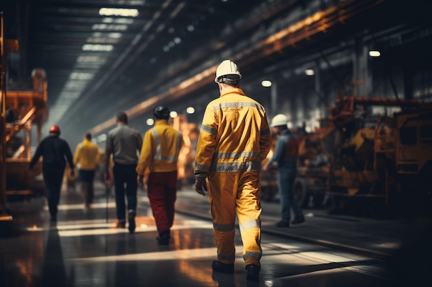 factory workers in work wear and yellow helmets walking through industrial production hall