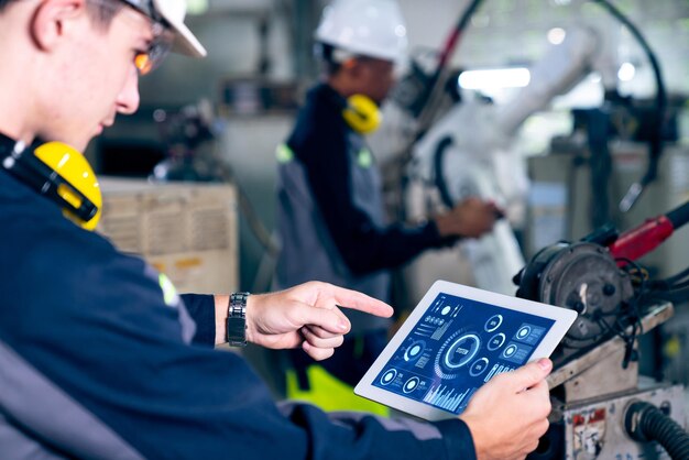 Factory workers working with adept robotic arm in a workshop