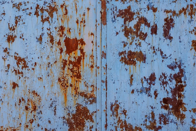 Photo faded blue paint on flat sheet steel surface with stains of rust fullframe background and texture