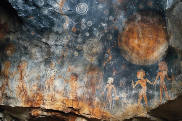 Faded cave paintings of celestial bodies and patterns created with generative ai