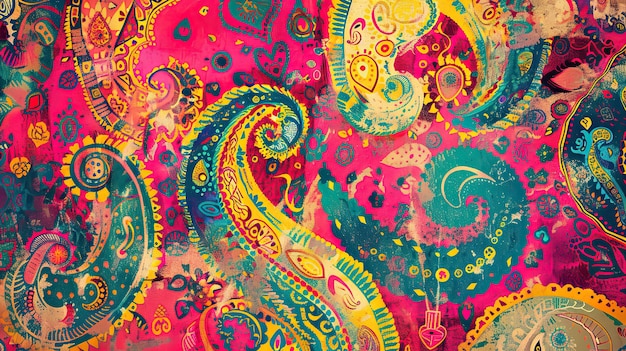 Photo faded paisley pattern in psychedelic colors on a retro vintage backdrop with 1970s essence