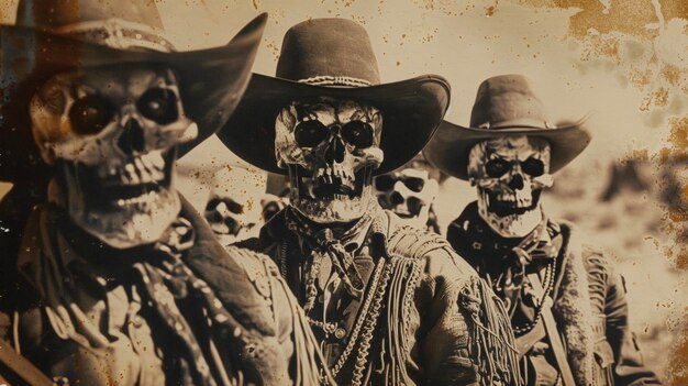 A faded photograph depicting a group of cowboys with sunken lifeless eyes and grinning skulls sped