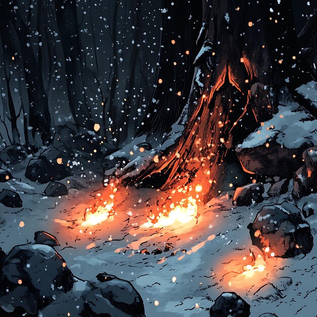 Photo fading hissing embers amidst cold snow