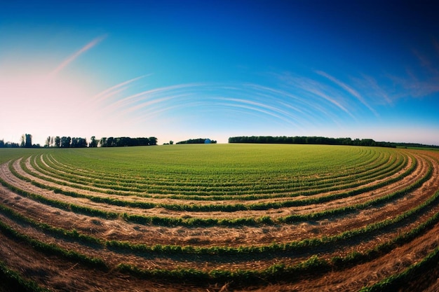 Photo faint rainbow over endless green fields