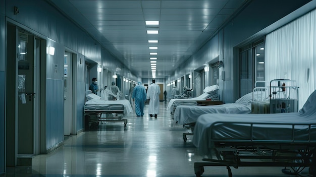 Fairly wide and long hospital corridor with beds to the left and right and medical apparatus in sig