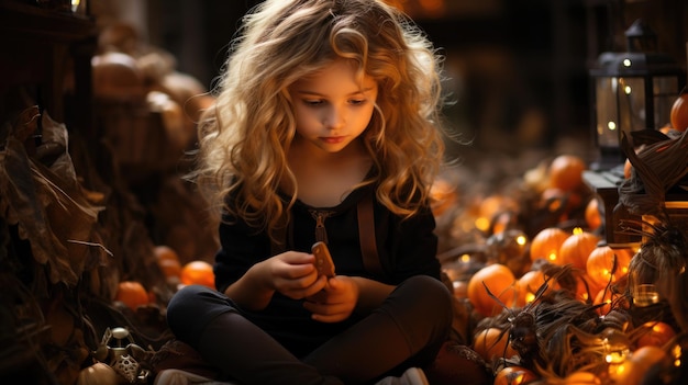 Fairy Amidst Pumpkins Girl In Fairy Costume Inspecting JackOLantern Generative AI