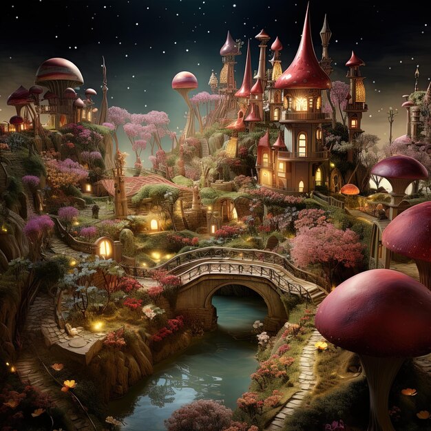 Photo a fairy castle with a bridge and a bridge with a fairy garden in the background