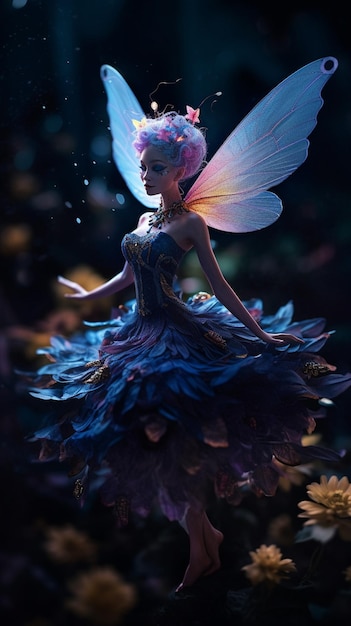 A fairy in a dress with pink hair and a butterfly on it