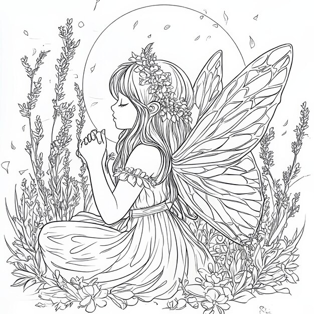 Photo fairy in a field of lavender black and white vector illustration