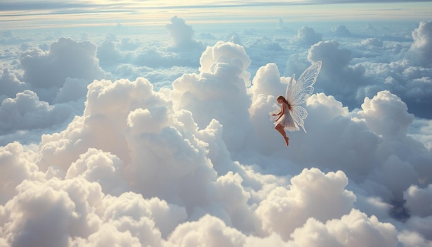 Photo a fairy flying in the clouds with a winged angel flying above them