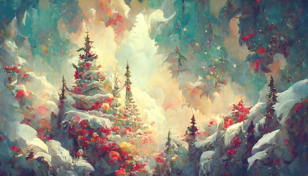 Fairy forest christmas big snowy fir trees against background Natural Scenery Realistic Illustration